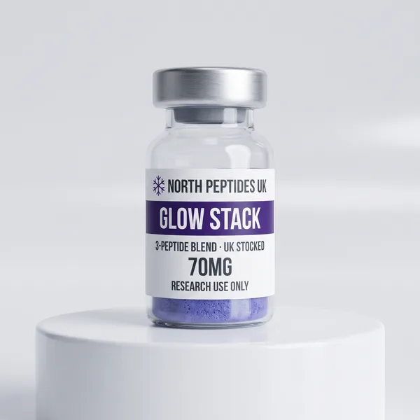 GLOW Stack 70mg three-compound research peptide blend vial, UK stocked